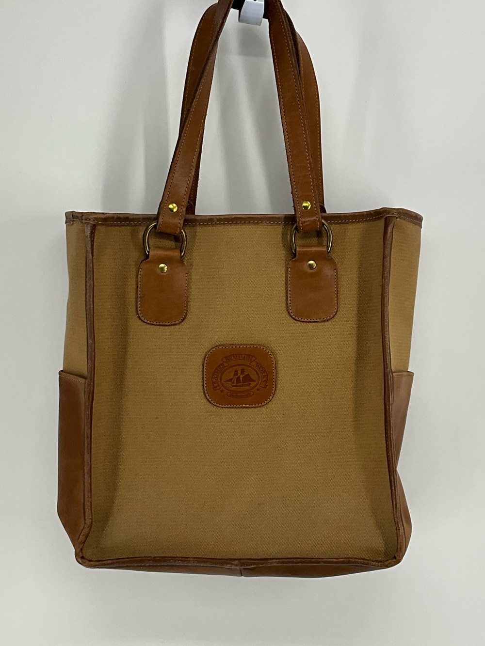 Brahmin Classic Distressed Leather Canvas Leather Trim Pocket Canvas Tote